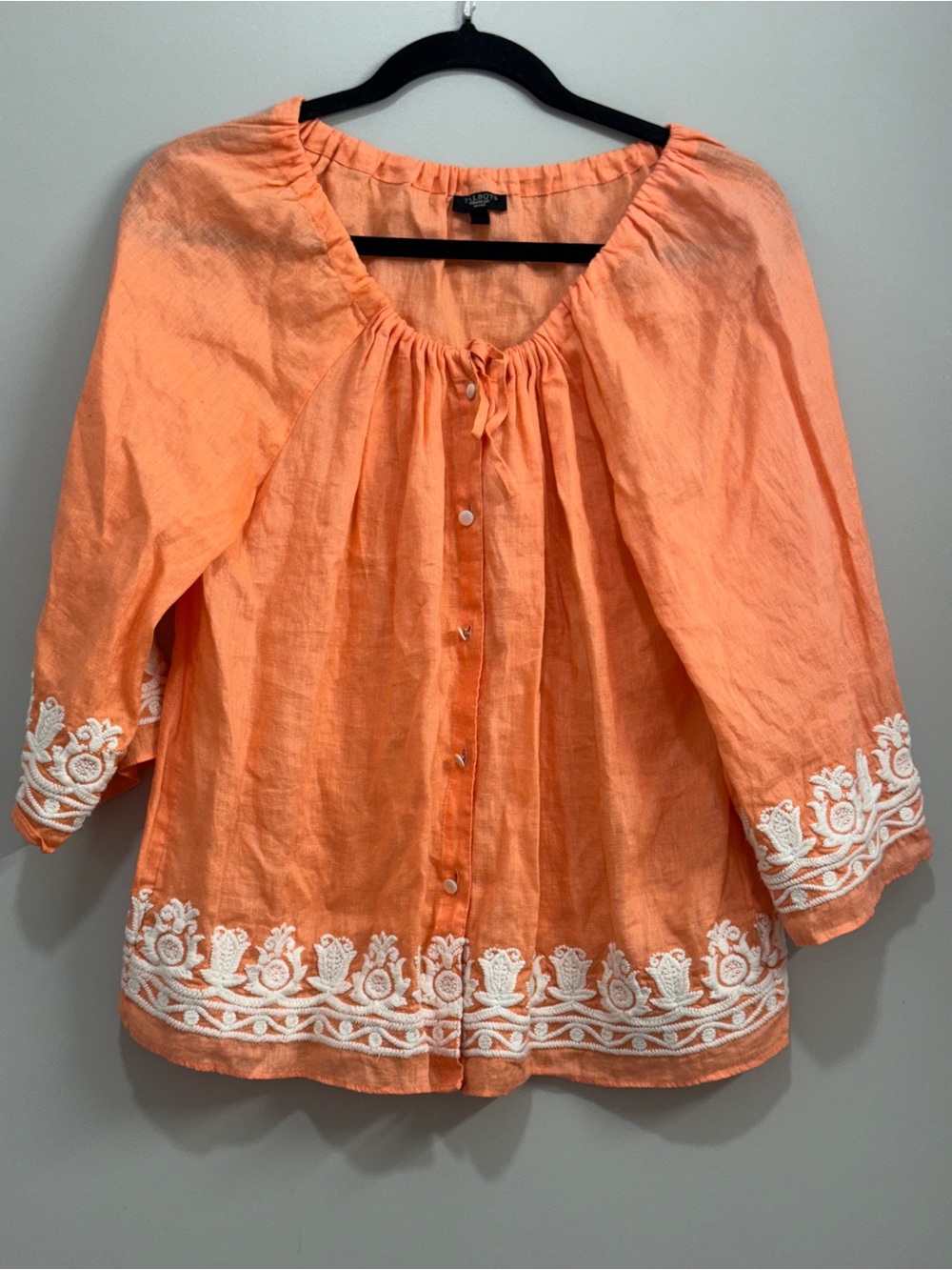 Lightweight Linen Orange Embroidered Button-Front Top Boho Cottagecore